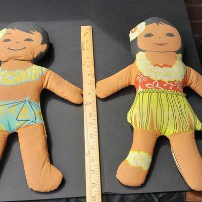 Two Vintage Hawaiian Huggables cloth dolls and an Indonesian Fish wind chime