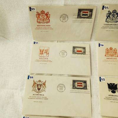12 - FIRST DAY STAMPS - 1943 THE UNITED THE OVER RUN COUNTRIES OF EUROPE