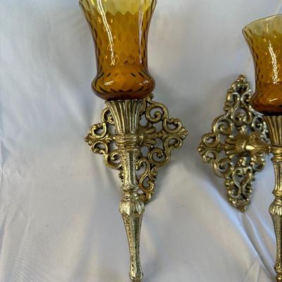 2 Vintage Candle Wall Sconce Cast Gold Metal Hollywood Regency