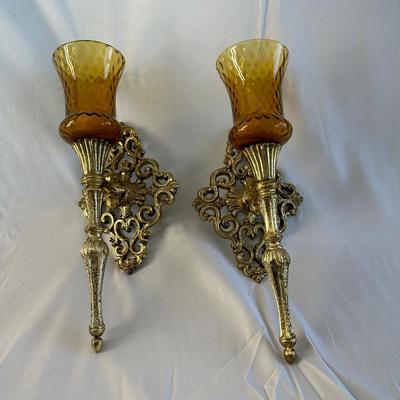 2 Vintage Candle Wall Sconce Cast Gold Metal Hollywood Regency