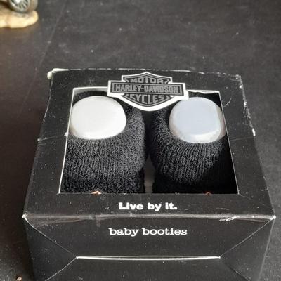 Harley Davidson Baby Booties 0-3 months and a Harley pig on Motorcycle figure