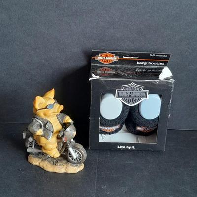 Harley Davidson Baby Booties 0-3 months and a Harley pig on Motorcycle figure