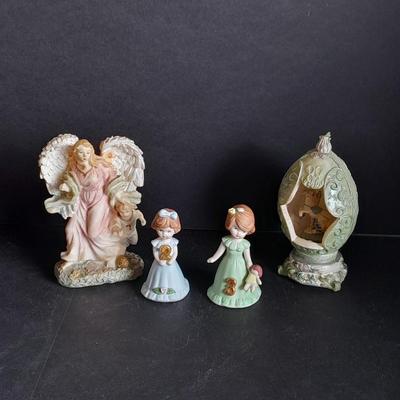 Two Enesco Birthday girl figures ages 2 & 3 and Egg and an Angel figure