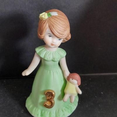 Two Enesco Birthday girl figures ages 2 & 3 and Egg and an Angel figure