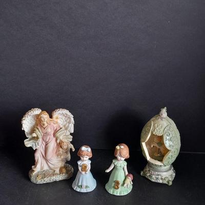 Two Enesco Birthday girl figures ages 2 & 3 and Egg and an Angel figure