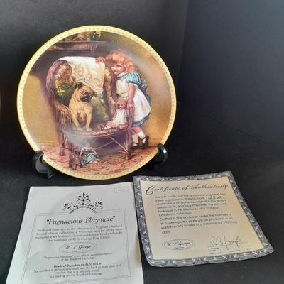 Two Collectible plates with Certificates of Authenticity "Pugnacious Playmate" and "Rose Cottage"