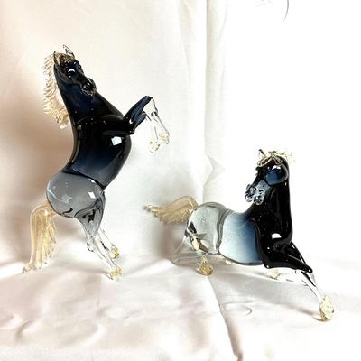 348 Pair of Signed Alessandro Barbaro Murano Glass Horse Sculptures