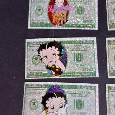 Betty Boop Collector's stickers $100 bill with glitter and different Betty Boop's