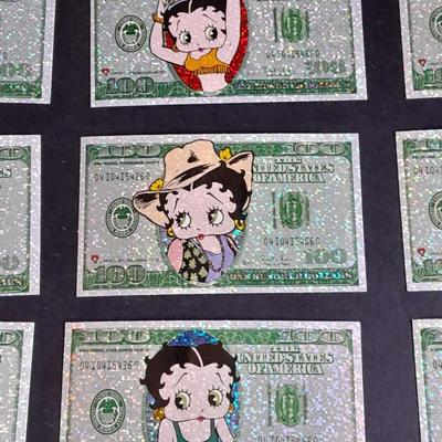 Betty Boop Collector's stickers $100 bill with glitter and different Betty Boop's