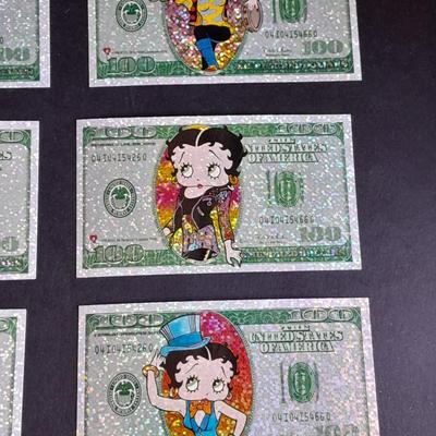 Betty Boop Collector's stickers $100 bill with glitter and different Betty Boop's