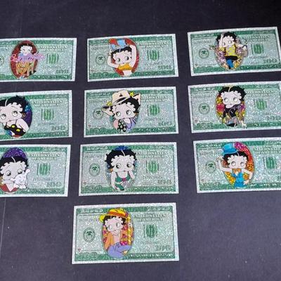 Betty Boop Collector's stickers $100 bill with glitter and different Betty Boop's