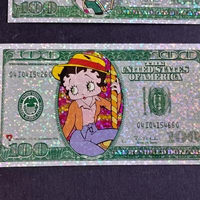 Betty Boop Collector's stickers $100 bill with glitter and different Betty Boop's