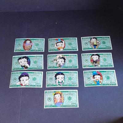 Betty Boop Collector's stickers $100 bill with glitter and different Betty Boop's