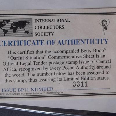 International Collectors Society Betty Boop "Oarful Situation" Commemorative sheet Postage Stamp with COA