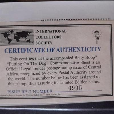 International Collectors Society Betty Boop "Putting on the Dog" Commemorative sheet Postage stamp with COA