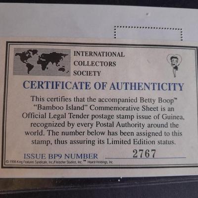 International Collectors Society Betty Boop "Bamboo Island" Commemorative sheet