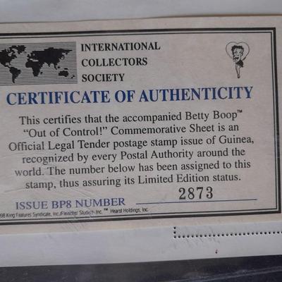 International Collectors Society Betty Boop "Out of Control" Commemorative sheet Postage Stamp with COA