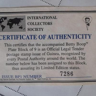 International Collectors Society Betty Boop Plate block of 9 is an official legal tender Postage Stamp With COA