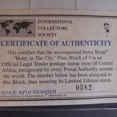 International Collectors Society Betty Boop "Betty in the City" Postage stamp with COA