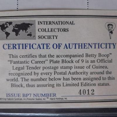 International Collectors Society Betty Boop "Fantastic Career" Commemorative sheet Postage Stamp with COA