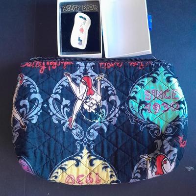 Signed Betty Boop pin and a Betty Boop zip up makeup / pencil bag