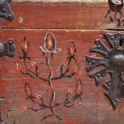 RARE PRIMITIVE EUROPEAN TRAVEL TRUNK DATED 1883 /HAND WROUGHT HARDWARE AND STENCILLED ART