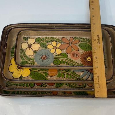 Set of 4 Hand Made Colorful Flower Painted Clay Casserole Baking Dishes Mexico
