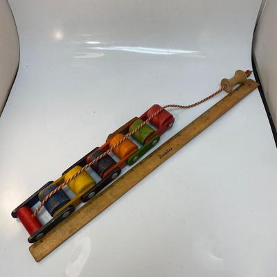 Vintage 1950's Playskool Wooden Catapiller Rolling Pull toy multicolored Nursery Decor