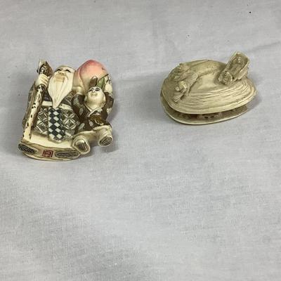 Lot 373 Japanese Carved Celluloid Clam Shell Diorama & Japanese Detailed Hand Carved Netsuke Sculpture, Man with Child