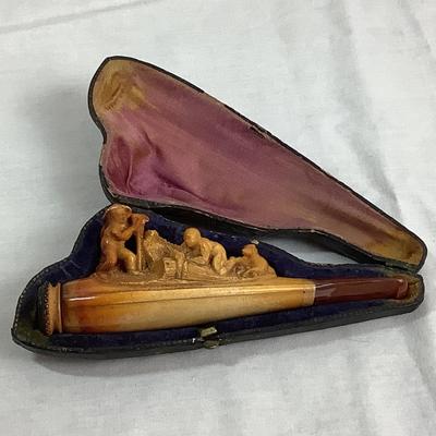 Lot 375  Antique Hand Carved Meerschaum Cheroot Holder with Fieldworkers/Dog, Original Leather Case Included