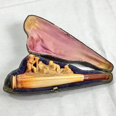 Lot 375  Antique Hand Carved Meerschaum Cheroot Holder with Fieldworkers/Dog, Original Leather Case Included