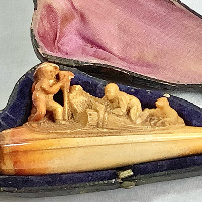 Lot 375  Antique Hand Carved Meerschaum Cheroot Holder with Fieldworkers/Dog, Original Leather Case Included