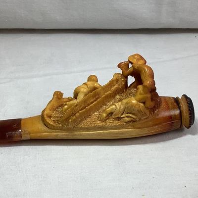 Lot 375  Antique Hand Carved Meerschaum Cheroot Holder with Fieldworkers/Dog, Original Leather Case Included