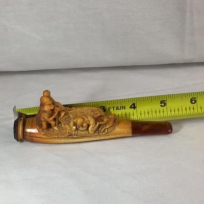 Lot 375  Antique Hand Carved Meerschaum Cheroot Holder with Fieldworkers/Dog, Original Leather Case Included