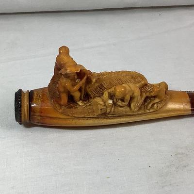 Lot 375  Antique Hand Carved Meerschaum Cheroot Holder with Fieldworkers/Dog, Original Leather Case Included