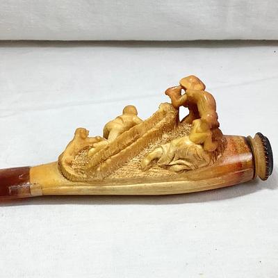 Lot 375  Antique Hand Carved Meerschaum Cheroot Holder with Fieldworkers/Dog, Original Leather Case Included