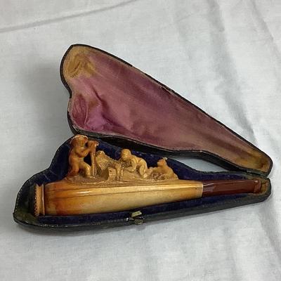 Lot 375  Antique Hand Carved Meerschaum Cheroot Holder with Fieldworkers/Dog, Original Leather Case Included