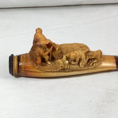 Lot 375  Antique Hand Carved Meerschaum Cheroot Holder with Fieldworkers/Dog, Original Leather Case Included