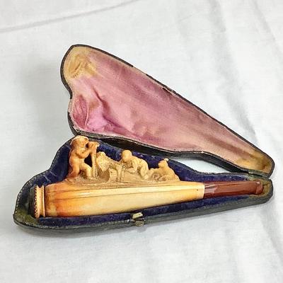 Lot 375  Antique Hand Carved Meerschaum Cheroot Holder with Fieldworkers/Dog, Original Leather Case Included