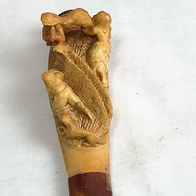 Lot 375  Antique Hand Carved Meerschaum Cheroot Holder with Fieldworkers/Dog, Original Leather Case Included