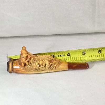 Lot 375  Antique Hand Carved Meerschaum Cheroot Holder with Fieldworkers/Dog, Original Leather Case Included