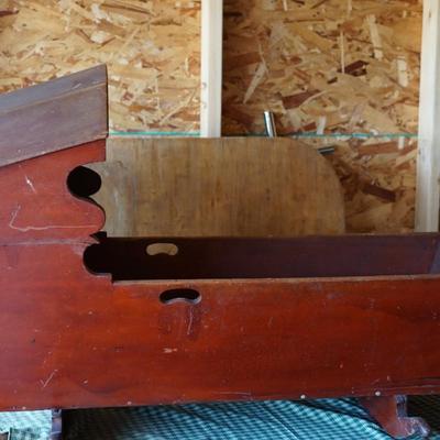 1860'S WOOD HOODED CRADLE EARLY PAINT RED