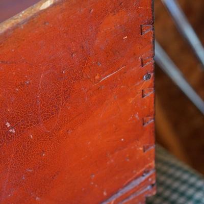 1860'S WOOD HOODED CRADLE EARLY PAINT RED