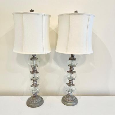 Pair (2) ~ Glass Bulb & Resin Distressed Silver Lamps