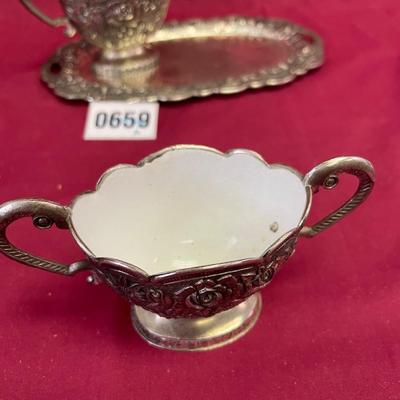 Mascot enamel cream/sugar silver plate