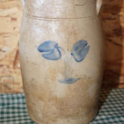 19TH CENTURY STONEWARE WITH BLUE COBALT DECORATION / CHURN AND 2 GALLON CROCK