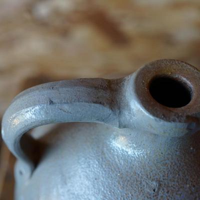 PRIMTIVE GROUPING OF GREEN PAINTED OAK BOX/ J. FISCHER LYONS N.Y STONEWARE JUG/OVOID GREY STONEWARE JUG