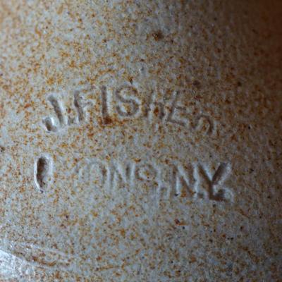 PRIMTIVE GROUPING OF GREEN PAINTED OAK BOX/ J. FISCHER LYONS N.Y STONEWARE JUG/OVOID GREY STONEWARE JUG