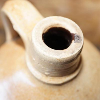 PRIMTIVE GROUPING OF GREEN PAINTED OAK BOX/ J. FISCHER LYONS N.Y STONEWARE JUG/OVOID GREY STONEWARE JUG