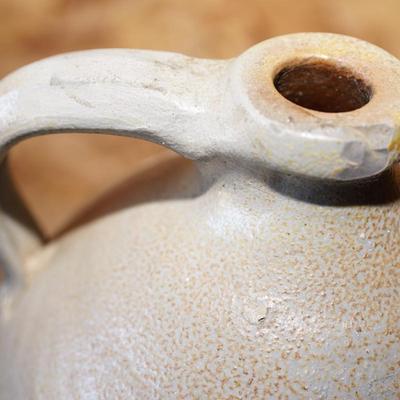 PRIMTIVE GROUPING OF GREEN PAINTED OAK BOX/ J. FISCHER LYONS N.Y STONEWARE JUG/OVOID GREY STONEWARE JUG